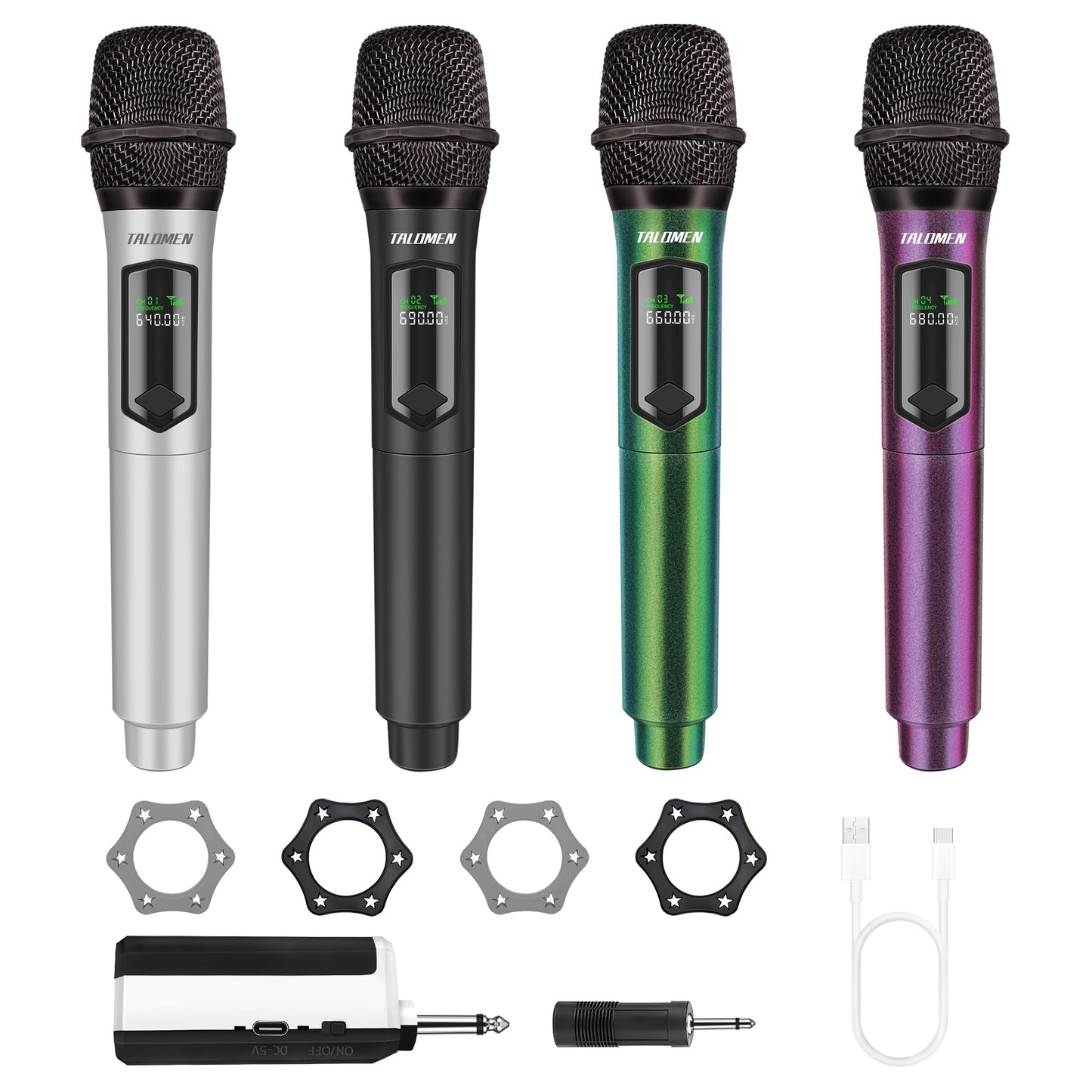 talomen Wireless Microphone Set for Singing, 2.4GHz Rechargeable Handheld Microphones System with Receiver(160 Ft), 4 Pack Cordless Dynamic Mic for