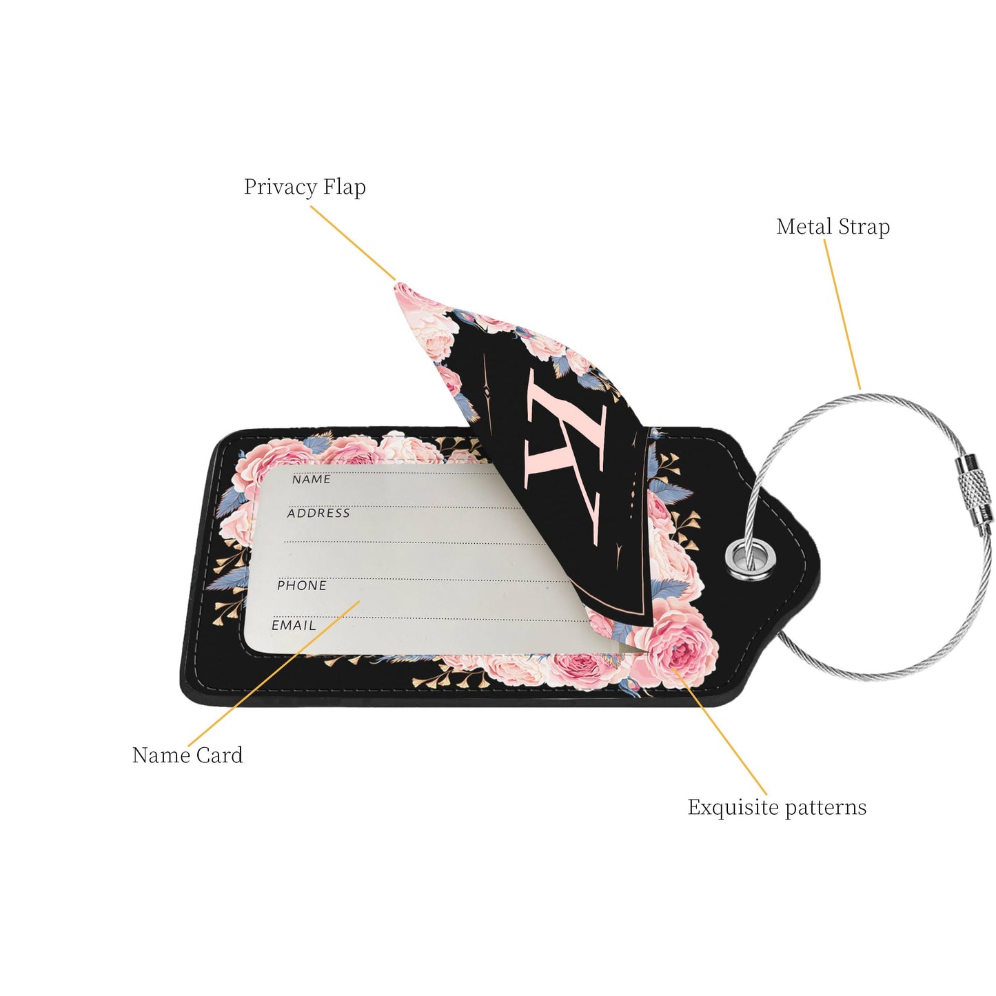 2 Pcs PU Leather Luggage Tags – Suitcase ID Tags with Privacy Shield & Address Card for Travel Bags, Backpacks & Handbags (Flower & Monogram K)