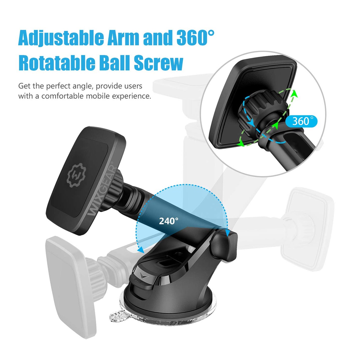 WixGear Magnetic Car Phone Mount - Universal Holder for Windshield & Dashboard with New Long Telescopic Arm - Compatible with Cell Phones & Tablets