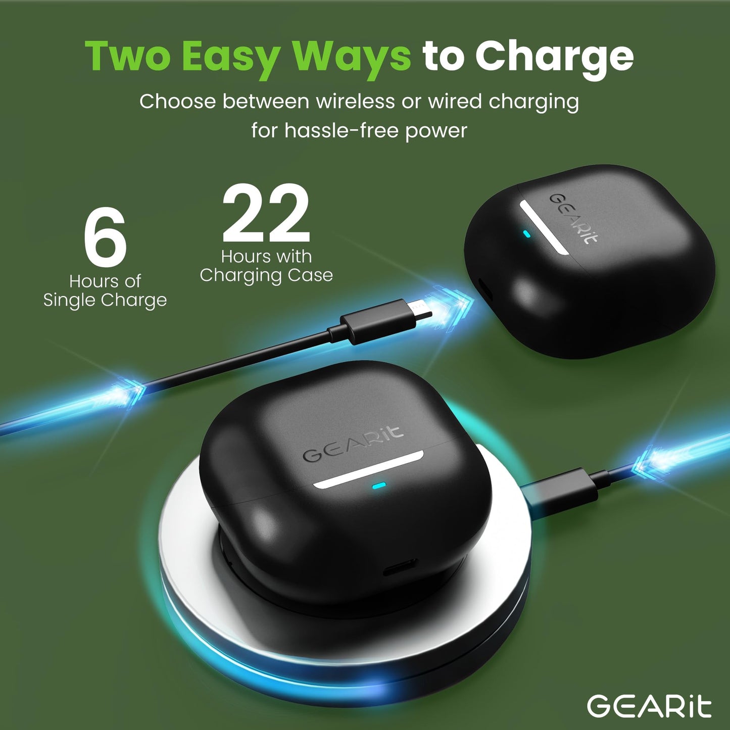 GEARit True Wireless Bluetooth Earbuds Compatible with iPhone, Android - 22H Playtime Earpods w/Active Noise Cancellation Up to 98.5% - HD Sound…