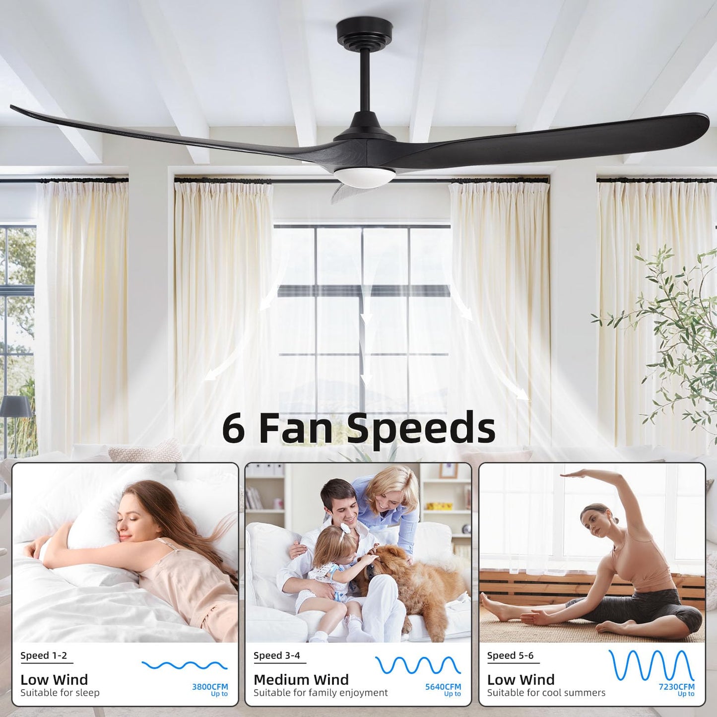 Homlit Ceiling Fan with Lights, 72'' Solid Wood Indoor/Outdoor Ceiling Fan with Quiet Reversible DC Motor, Compatible with Alexa/Google/App, 3CCT