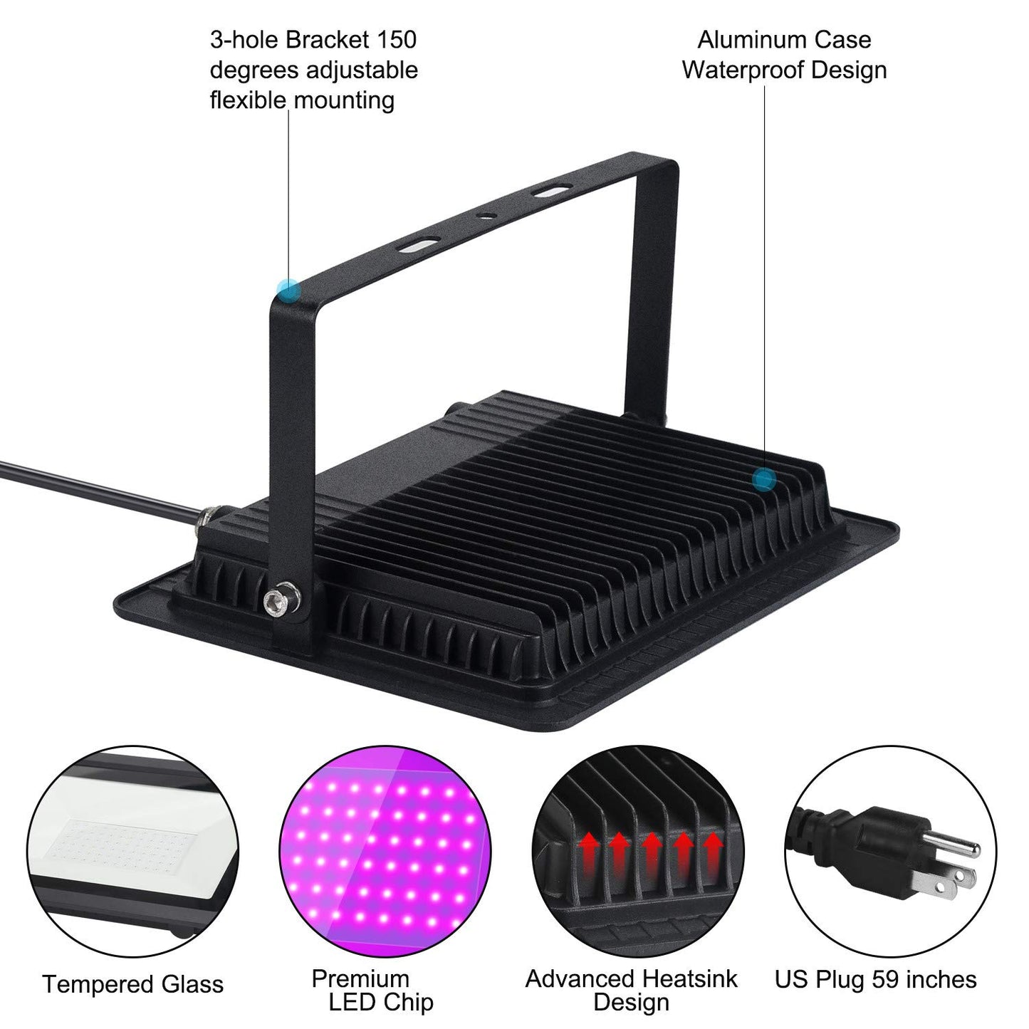 Black Lights 100W LED Black Purple Lights Flood Light with Plug(6ft Cable) for Blacklight Party, Stage Lighting, Aquarium, Body Paint, Fluorescent