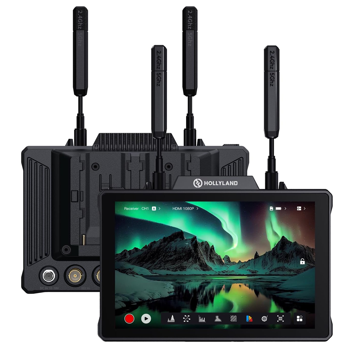 HollyView Pyro 7 Wireless Video Transmitter & Receiver & 7 inch Camera Field Monitor HDMI & SDI 1300ft Range, 60ms Latency Auto Dual-Band Hopping