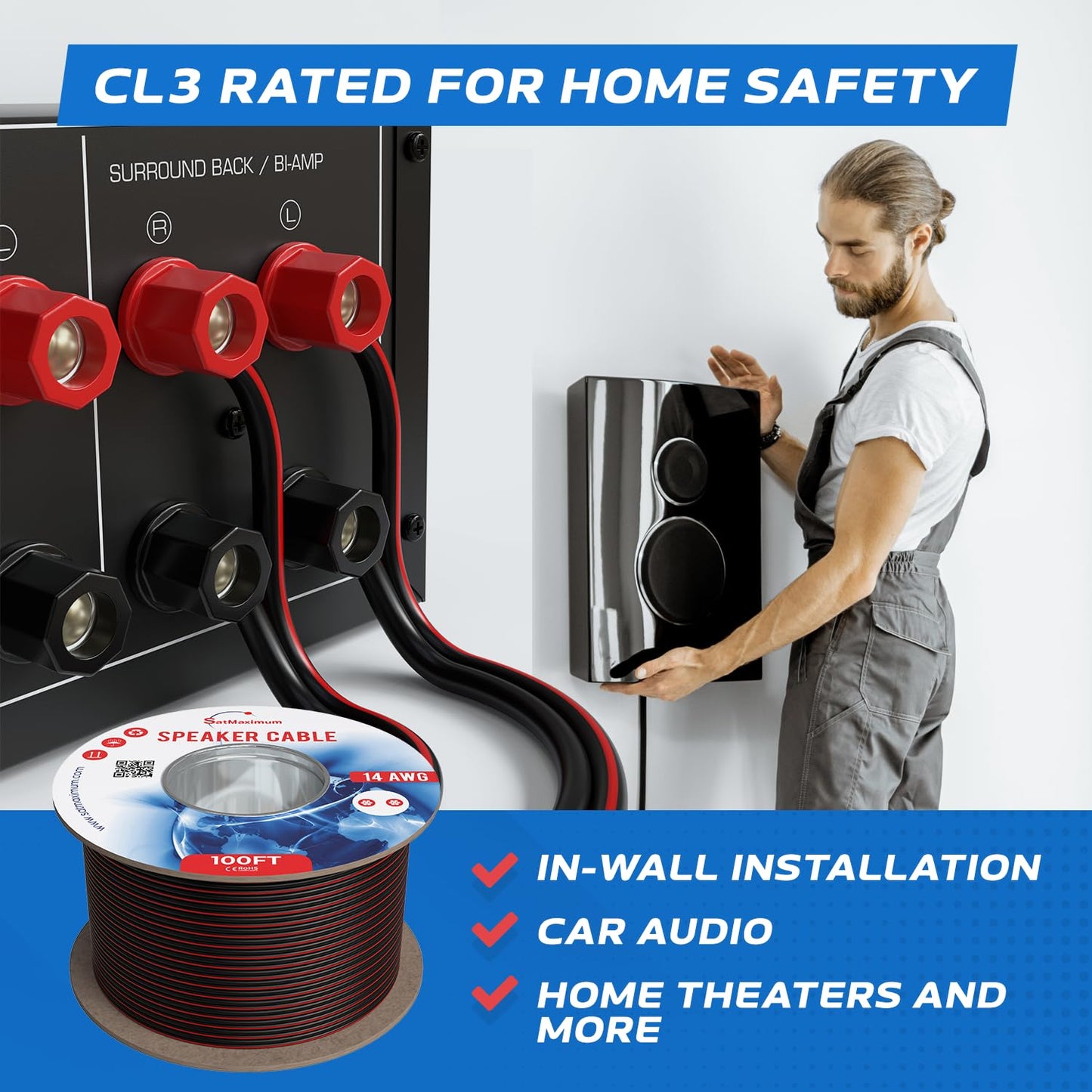 Cables Direct Online Speaker Cable 500FT 14AWG 2 Conductors (14/2) CL3 Rated CCA (Copper Clad Aluminum) Black Jacket Compatible with Low Voltage LED