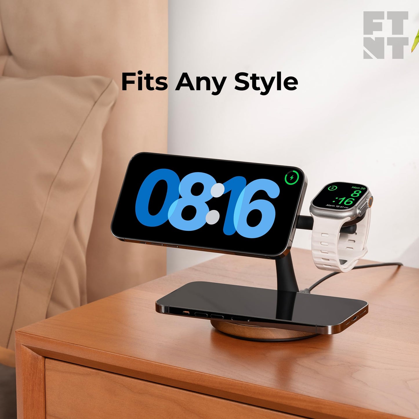 ZenStand Magnetic Wireless Charger, Compatible with iPhone & Apple Watch, Compatible with MagSafe, Walnut Wood Design, 15W Max, Soft-Touch, Wireless