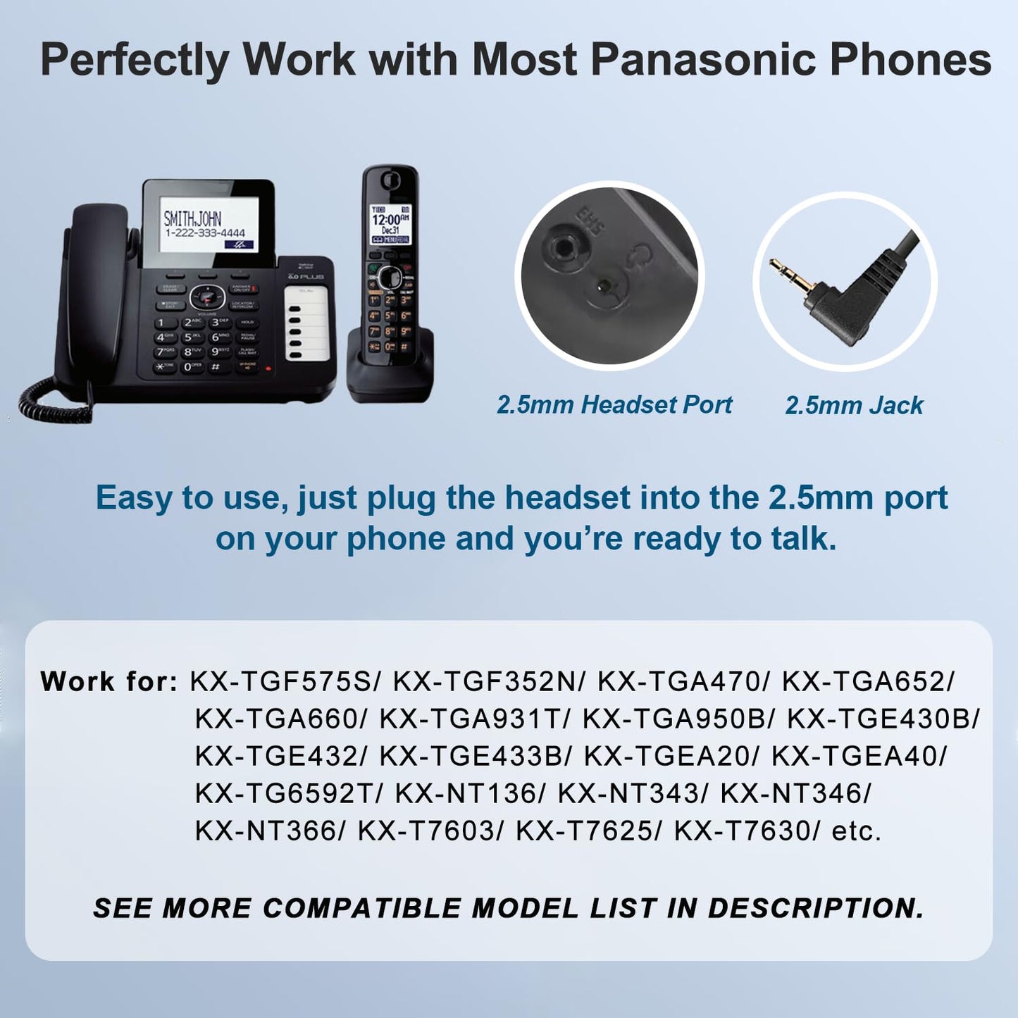 2.5mm Phone Headset with Microphone Noise Cancelling & Volume Controls, Office Telephone Headphone Compatible with Panasonic AT&T VTech RCA Cisco SPA