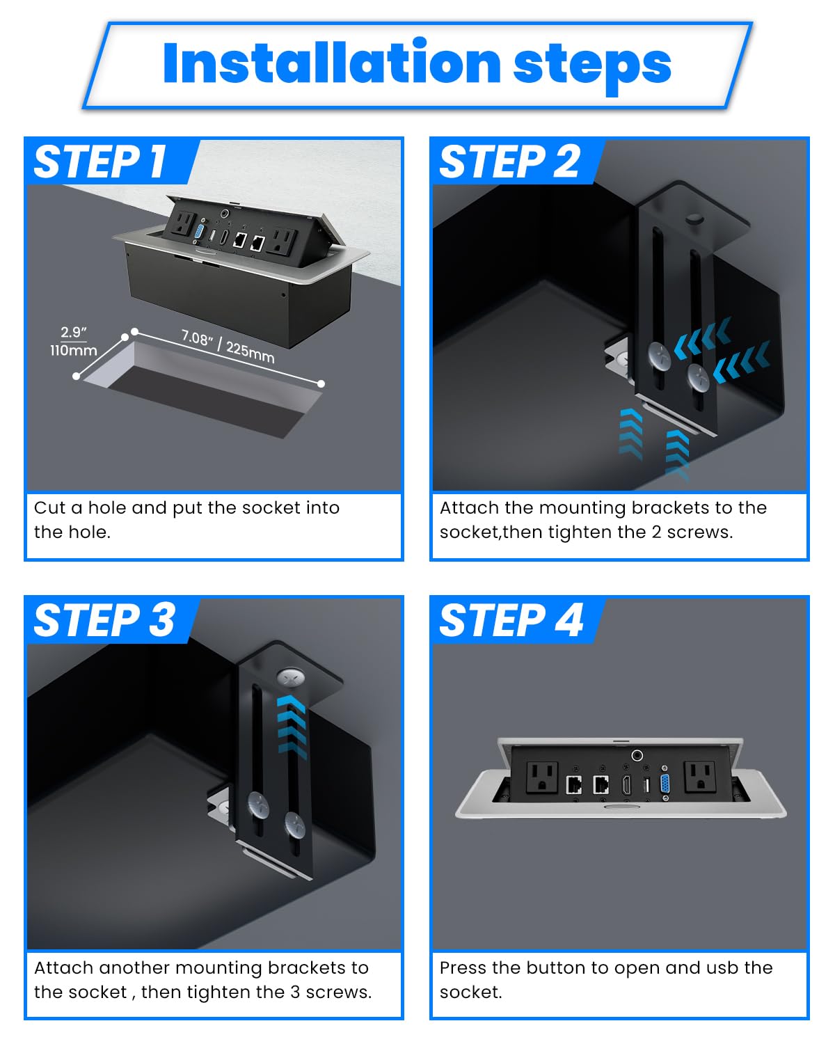 Table Pop up Power Strip Date Hub Connection Box with Outlet Network HDMI for Office Desk?Silver?
