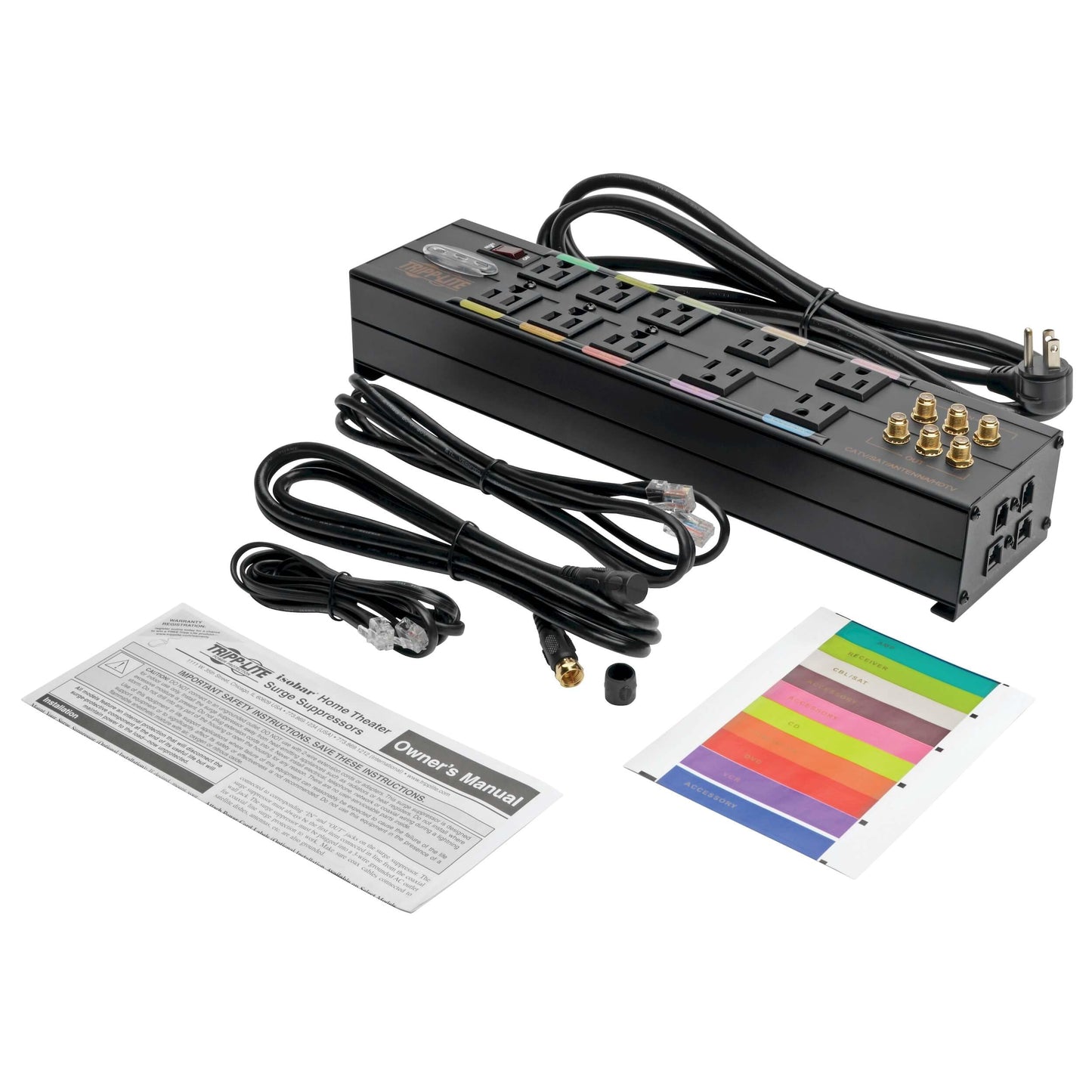 Tripp Lite Isobar 10 Outlet Audio/Video Surge Protector Tel/Modem/Coax/Network 8ft Cord Right Angle Plug, & $500,000 Insurance (HT10DBS) Black