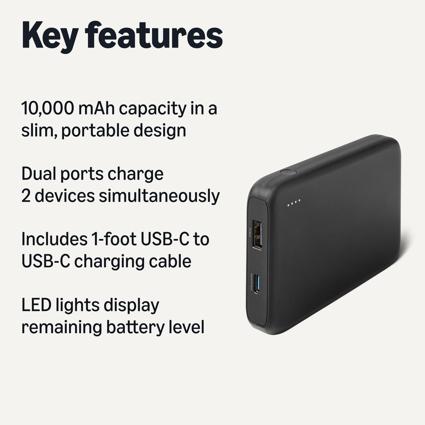 Amazon Basics Slim Portable Charger Power Bank with LED Display, 10,000 mAh, Black