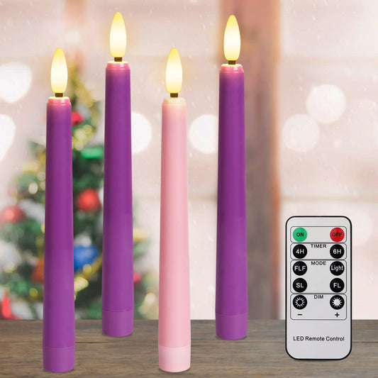 Yunsheng Flameless Advent Candles - Purple and Pink, 8 Inch Battery Operated LED Taper Candles with Remote Timer, 3D Wick Warm White Flicker Flame