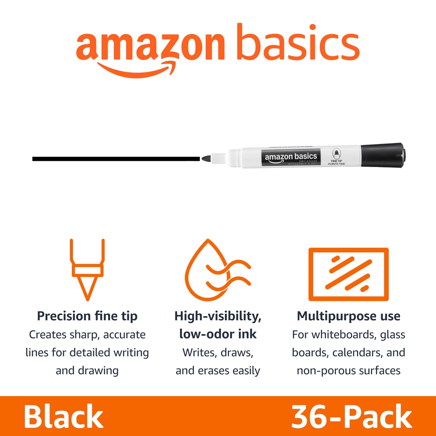 Amazon Basics Low-Odor Dry Erase Whiteboard Markers, Fine Tip, Quick-Dry, Black, 36-Pack