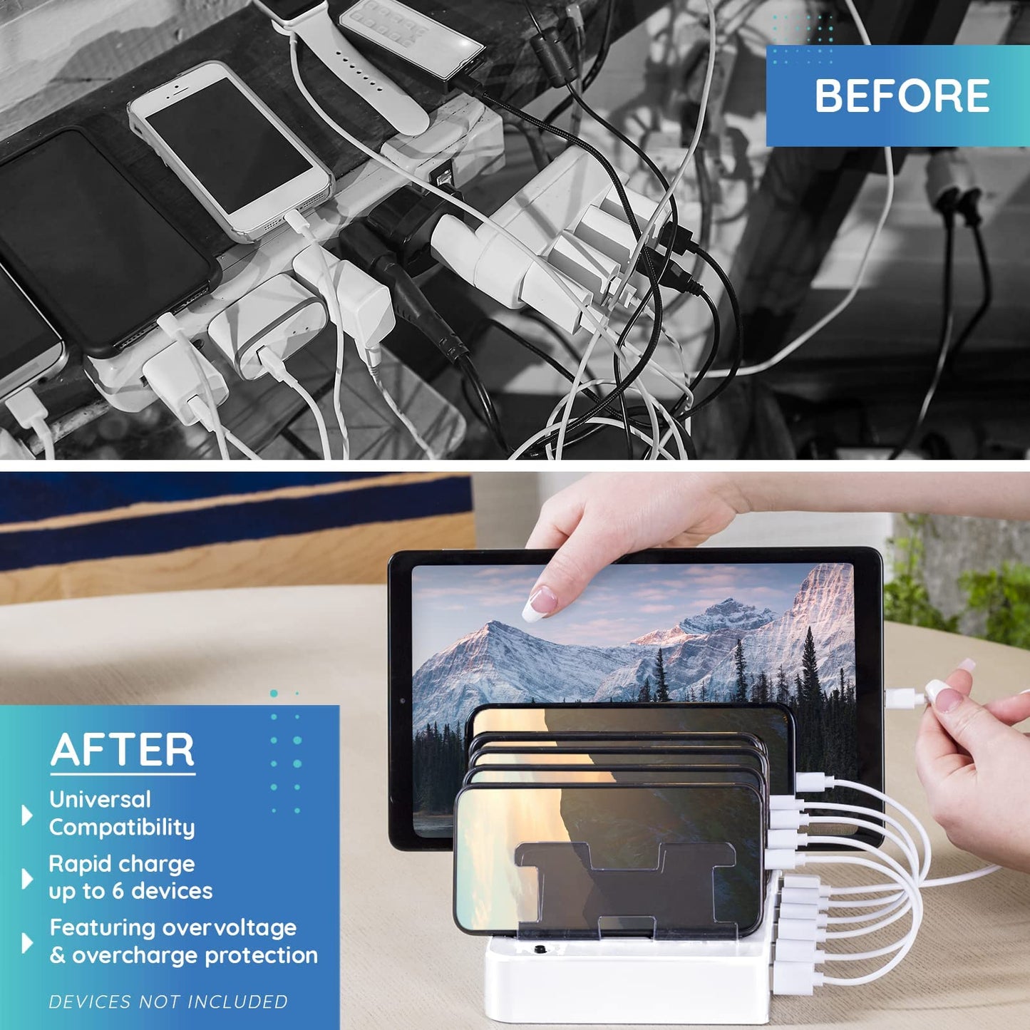 Charging Station for Multiple Devices - 6-Port USB Charging Dock for Apple & Android - Fast Multi-Charger Organizer for Phones, Tablets & More (White)