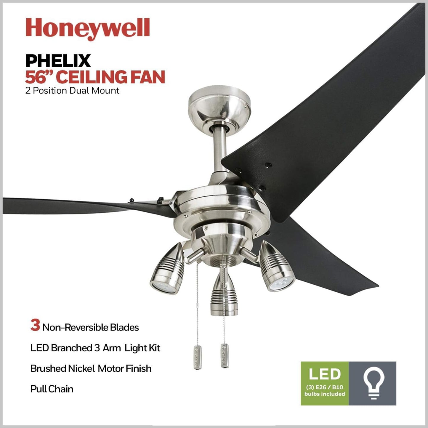 Honeywell Ceiling Fans Phelix, 56 Inch Contemporary Indoor LED Ceiling Fan with Light, Pull Chain, Dual Mounting Options, Modern High Performance