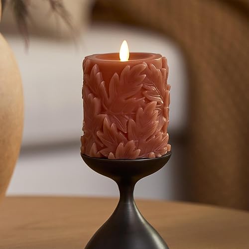 Luminara Flameless Caramel Cafe Embossed Leaves 3.5" x 4.5" Pillar, Battery Operated & Timer Function, Fall Decorations Indoor Candle Moving