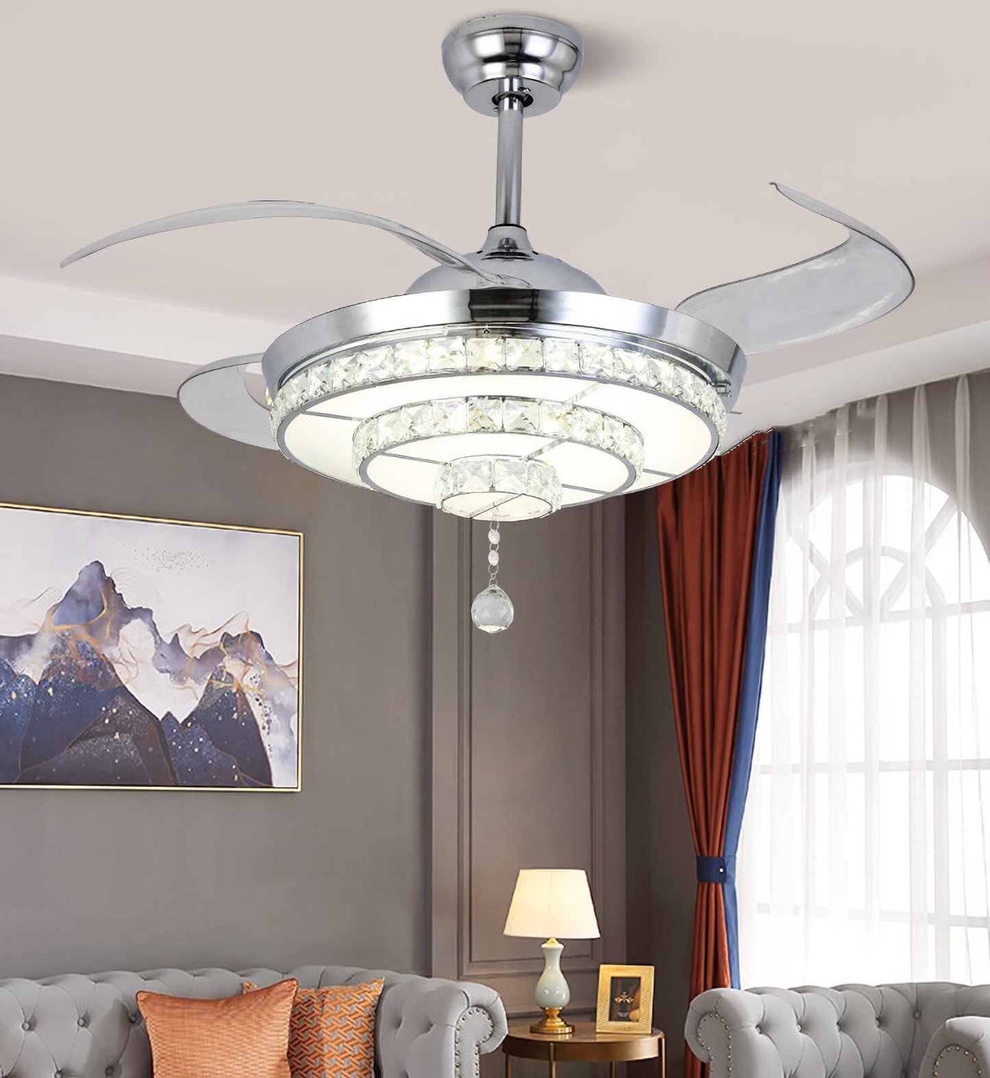 RuiWing 42" Crystal Ceiling Fan with LED Light, Remote Control Retractable