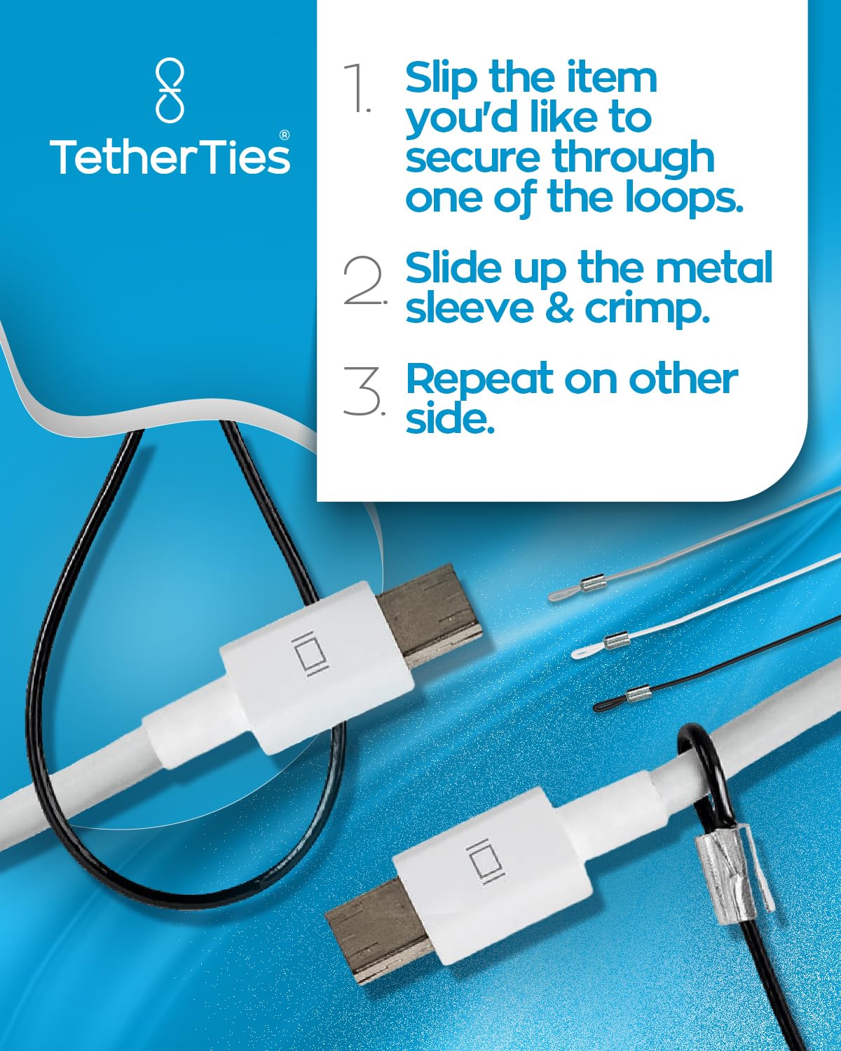 Patented Pre-Assembled Adapter Ties - Anti-Theft Cable Locks for Tools, Dongles, Tethers, Computer adapters. Steel Cable, Security Lock, Easy