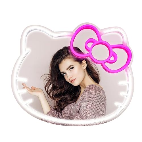 MCJSGSP Anime Hello Kit Mirror with Light Neon Signs for Wall Decor, Dimmable for Teen Girl Gift?Makeup Mirror neon Sign Room Decor (16.1 * 14 inch)