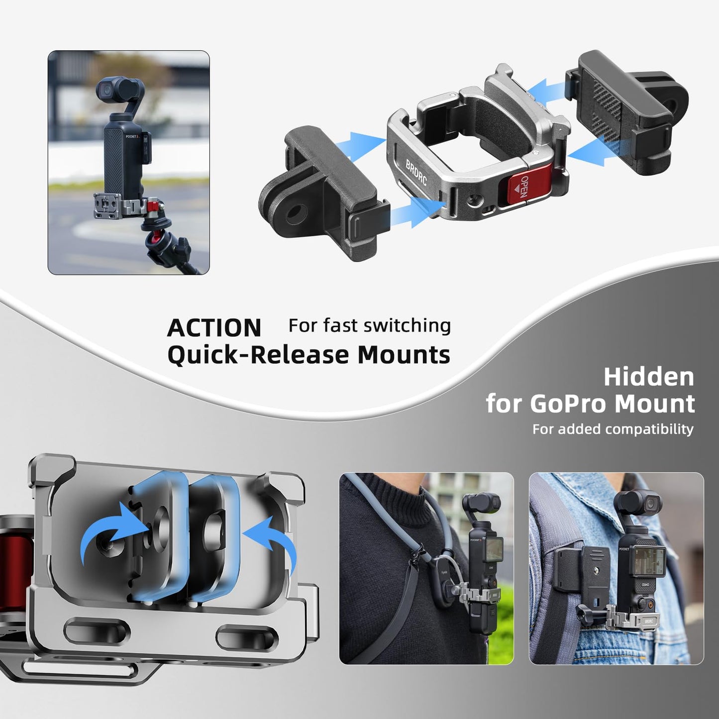 BRDRC Pocket 3 Cage Expansion Adapter, Aluminum Alloy Mount Metal Bracket Attachments with 1/4 Screw Holes, for GoPro Adapter, Cold Shoe, for Osmo