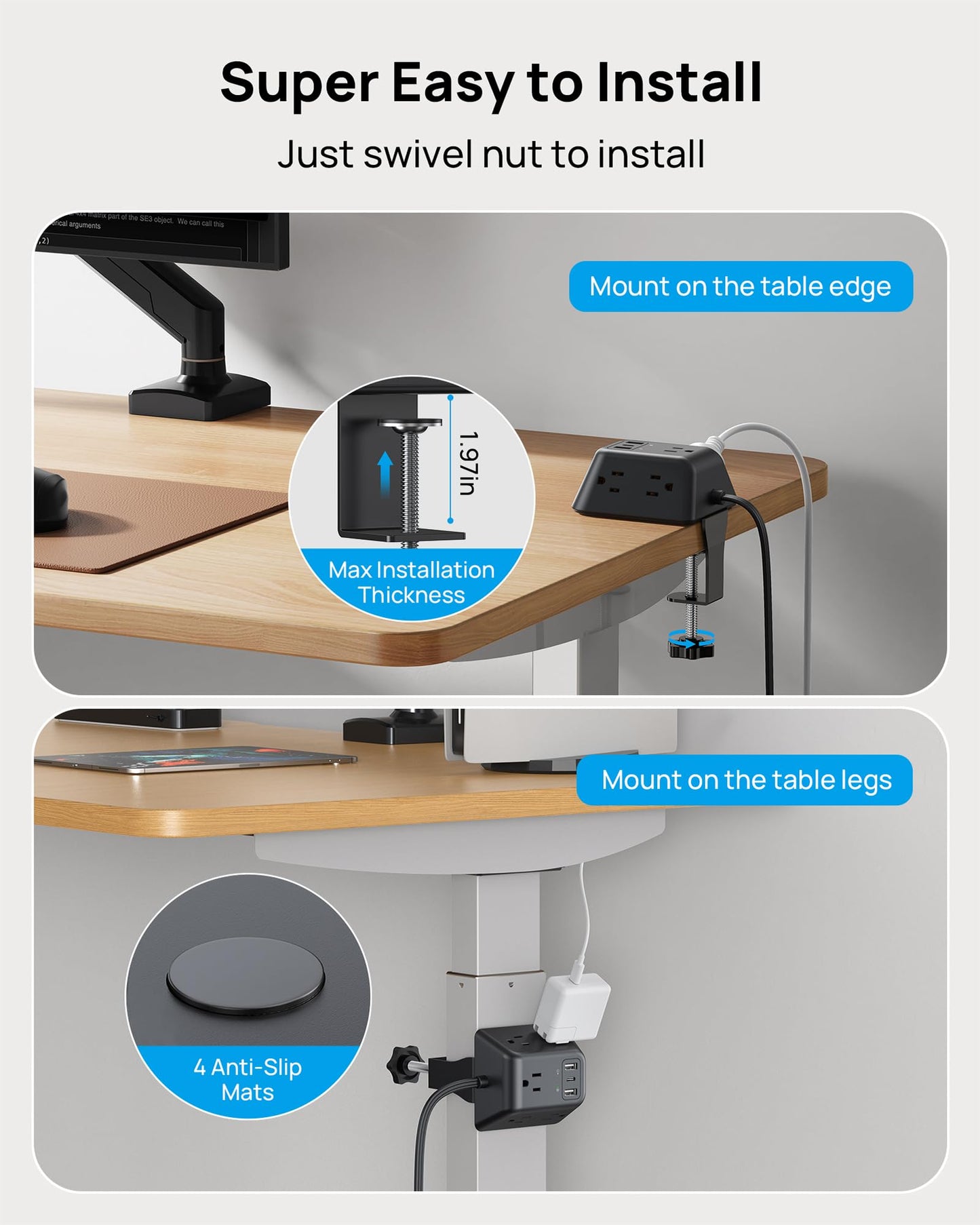 Desk Clamp Power Strip, Surge Protector with 5 AC Outlets and 3 USB Ports, Desk Mount Charging Station, Fit 1.97in Tabletop Edge Thick, 6FT Extension