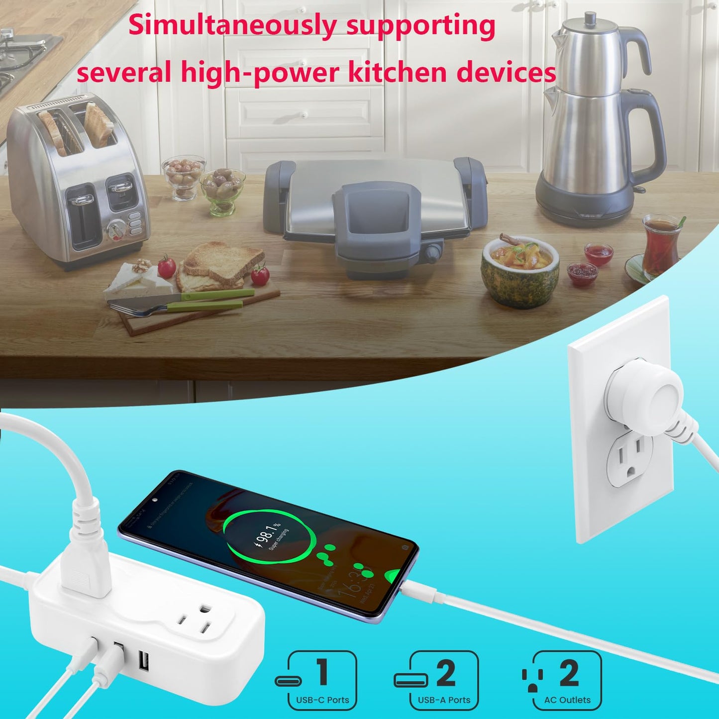 Outlet Extender Stick?Surge Protector Power Strip 5 Outlets 3 USB (1 USB C) Charging Ports Multi Plug Socket Extender Flat Plug Wall Mount Desktop