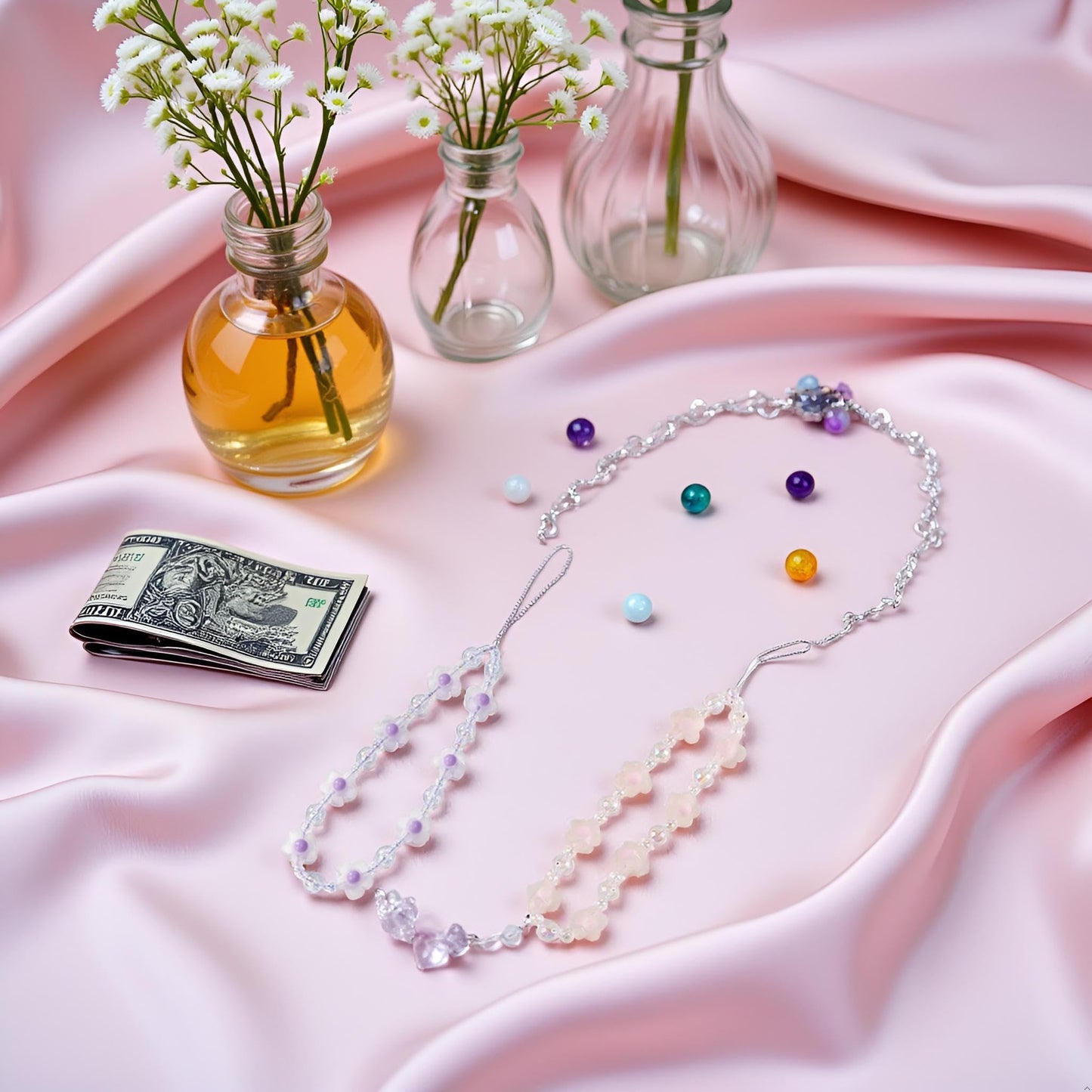 WLngtv 2 Pcs Beaded Phone Bracelet Strap, Crystal Butterfly Flower Pearl Phone Beaded Wrist Strap Bracelet Lanyard For Women Keychain Charm Fashion