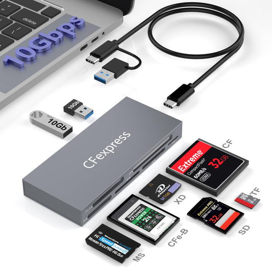 8-in-1 CFexpress Type B Card Reader with 10Gbps USB Ports*2, 10Gbps CF Express Reader hub for CFexpress Type B/SD/microSD/CF/XD/MS, Multi Reader