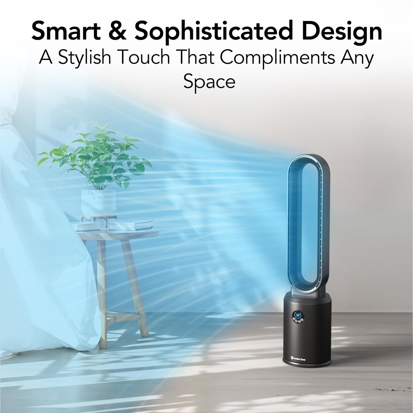 Comfort Zone 40-Inch Bladeless Tower Fan for Bedroom - Quiet Standing Fan with Remote Control, 9H Timer & Wide Area Oscillation - Turbocharged Airflow