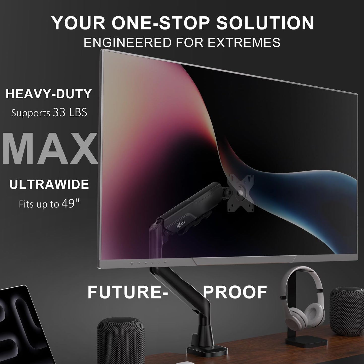 WALI Heavy Duty Single Monitor Arm for 17-49 Inch Flat Curved Ultrawide Screens, up to 33 Lbs, Adjustable Single Monitor Desk Mount for Home Office