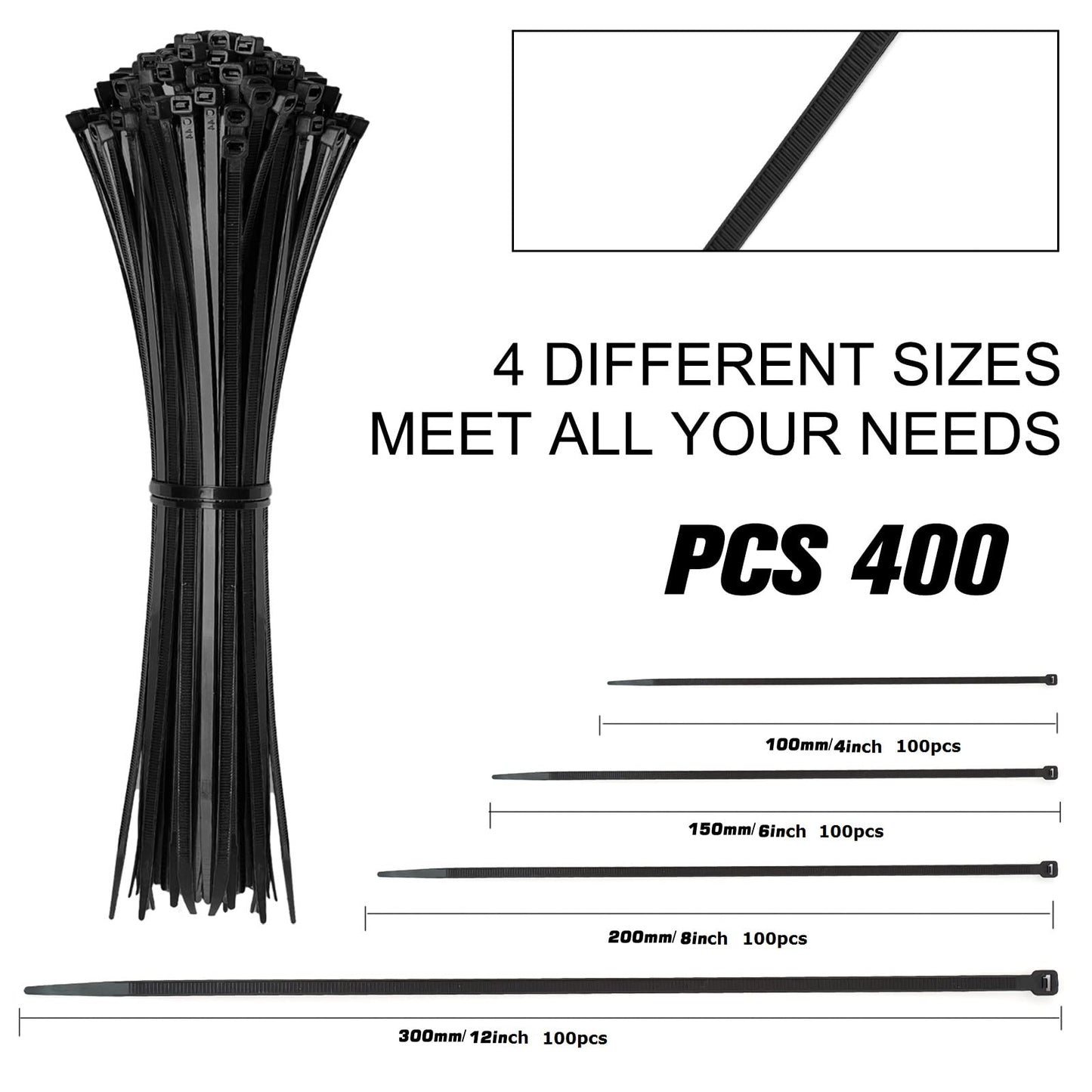 Cable Zip Ties,400 Pack Black Assorted Sizes 12+8+6+4 Inch,Multi-Purpose Self-Locking Nylon Cable Cord Management,Plastic Wire Ties