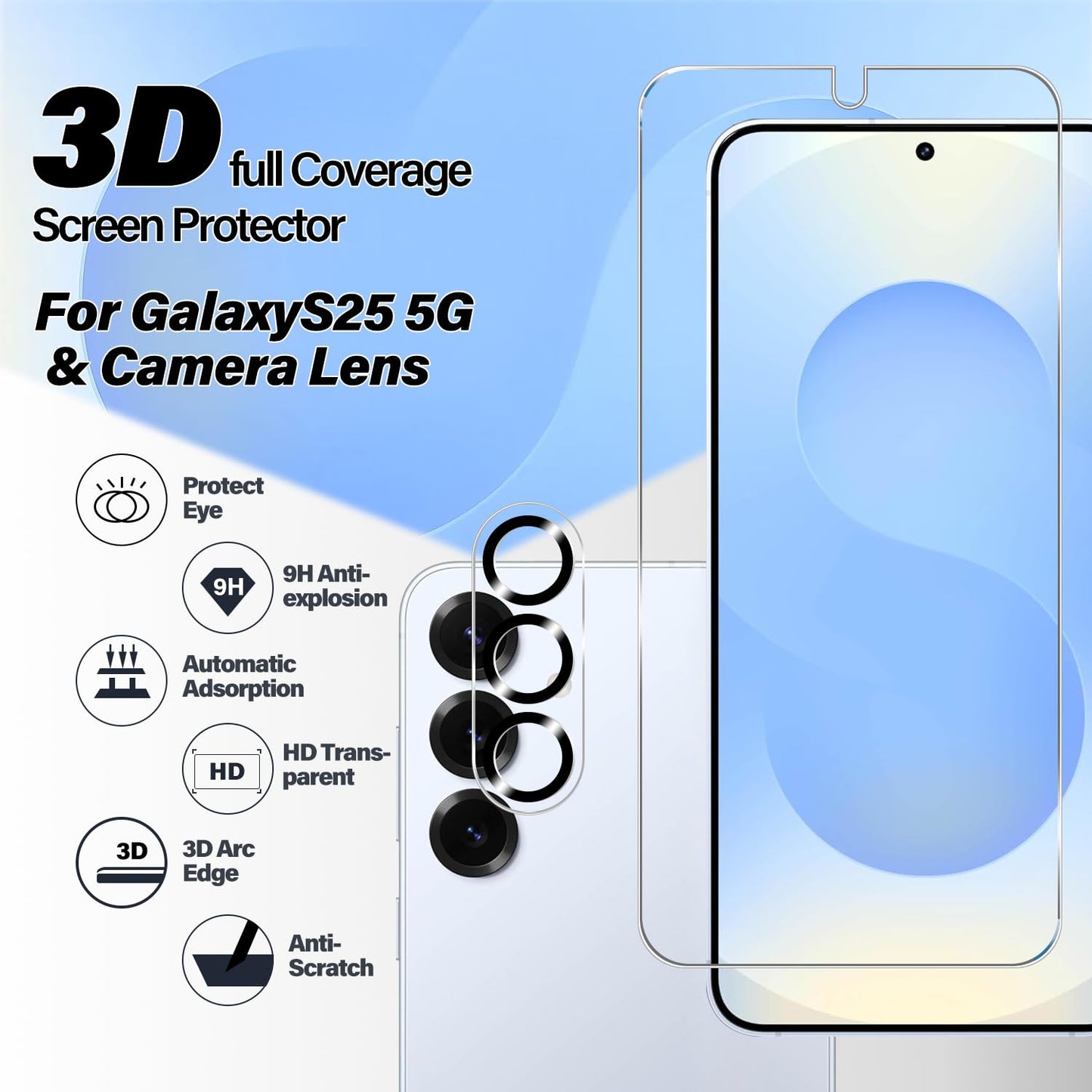 BIGFACE Galaxy S25 Tempered Glass Screen Protector + Camera Lens Protector [ 2 + 2 Pack ][Case Friendly] [Anti-Scratch] [Ultrasonic Fingerprint