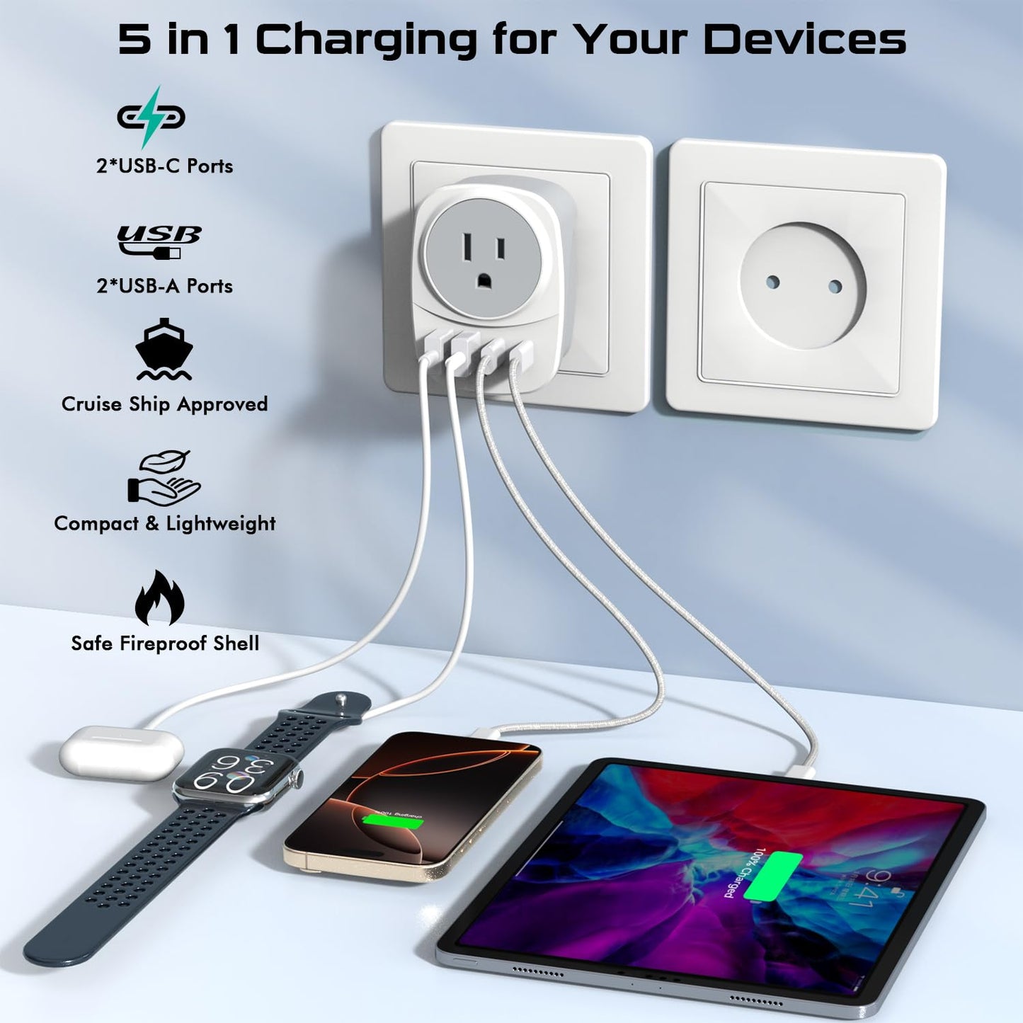 European Travel Plug Adapter,Universal Travel International Power Adapter 2 USBC Port and 2 USBA Port,Fast Charging USB C-C Woven Cable,USB C Power…