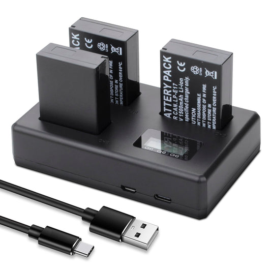 3-Pack LP-E17 Batteries with Smart Triple Slot LCD Charger for Canon EOS M3, M5, M6, EOS 200D, 750D, 760D, 77D, 800D, EOS R8, R10, R50, R100, RP