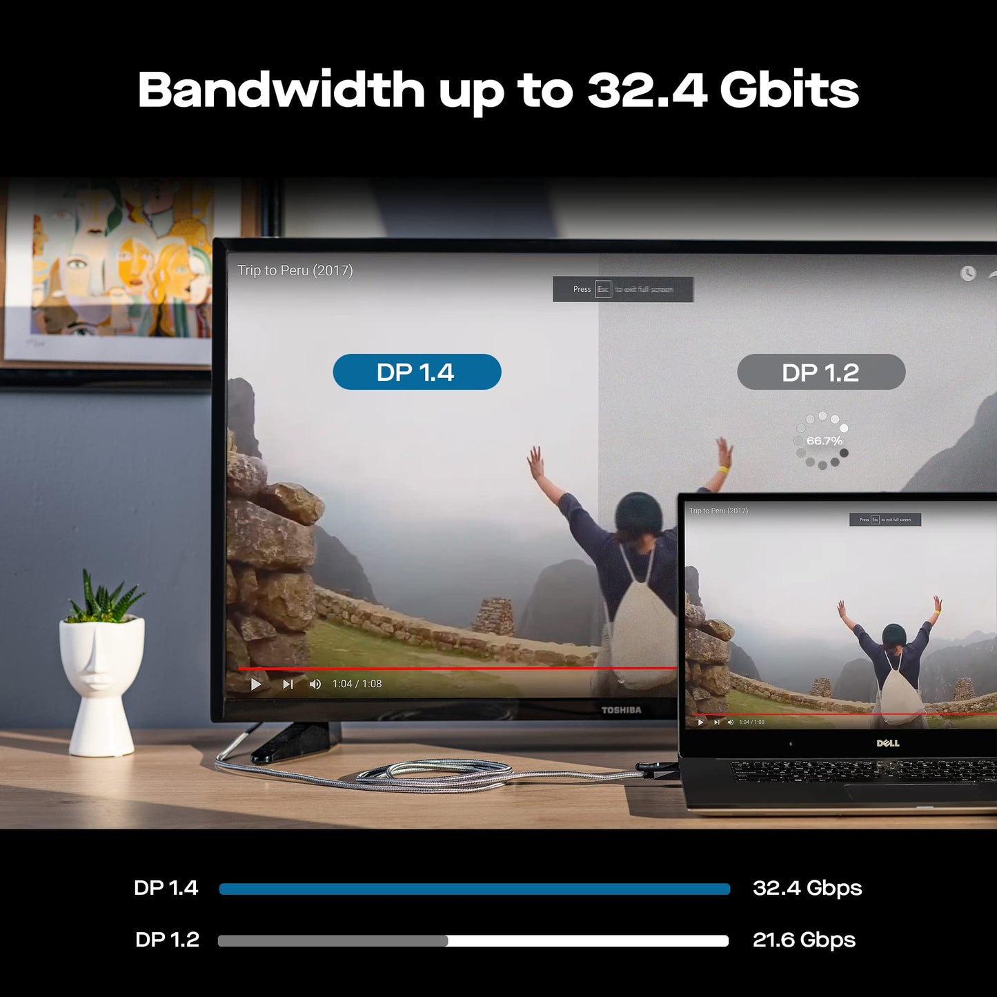 Mobile Pixels 8K DisplayPort 6ft Cable, DP 1.4 Cable (8K@60Hz, 4K@144Hz) HBR3 Support 32.4Gbps, HDR, HDCP 2.2, FreeSync G-Sync (Black)