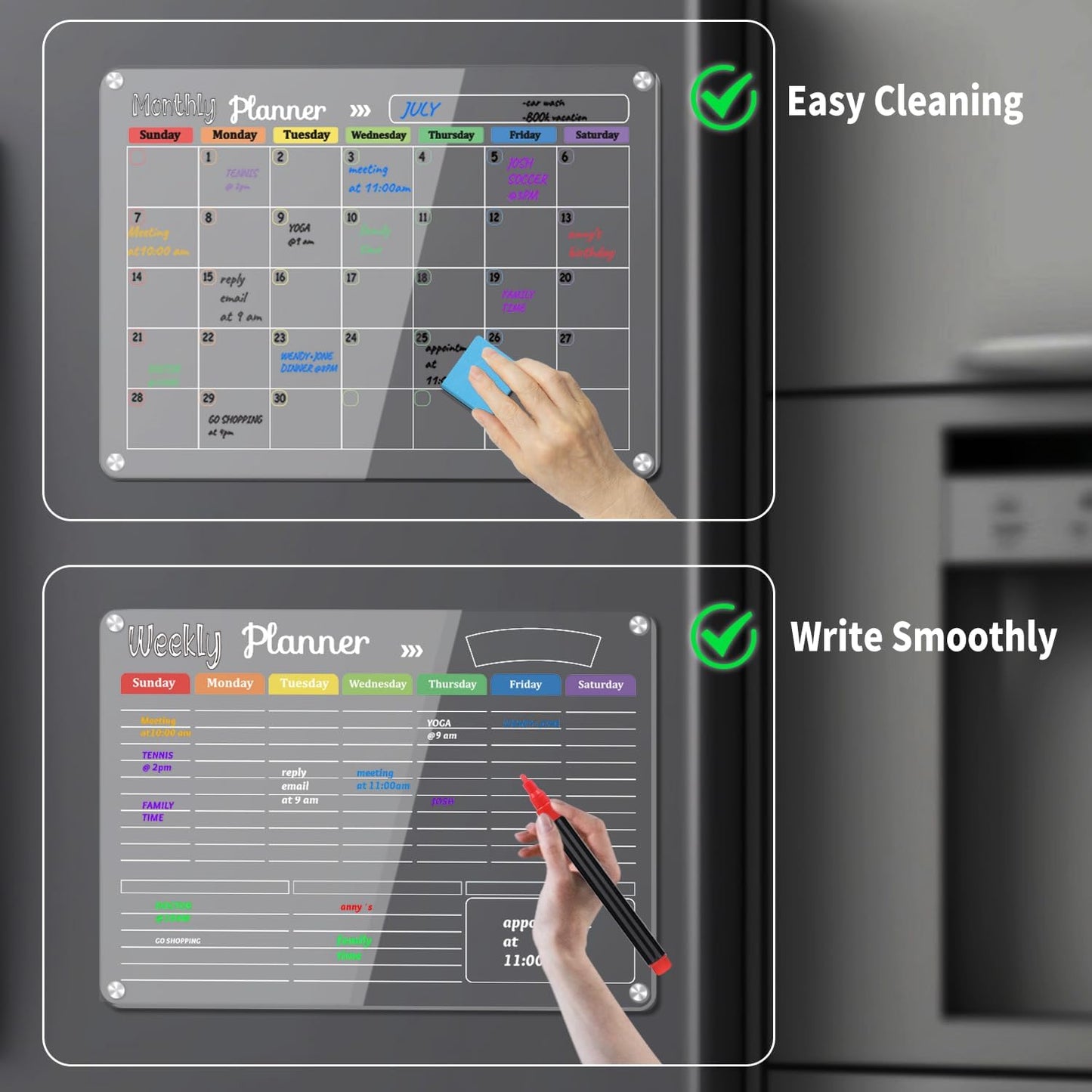 Hivillexun Magnetic Dry Erase Calendar Whiteboard Set (4-Pack) for Refrigerator, Wall, and Fridge Organization with Monthly, Weekly, Whiteboard