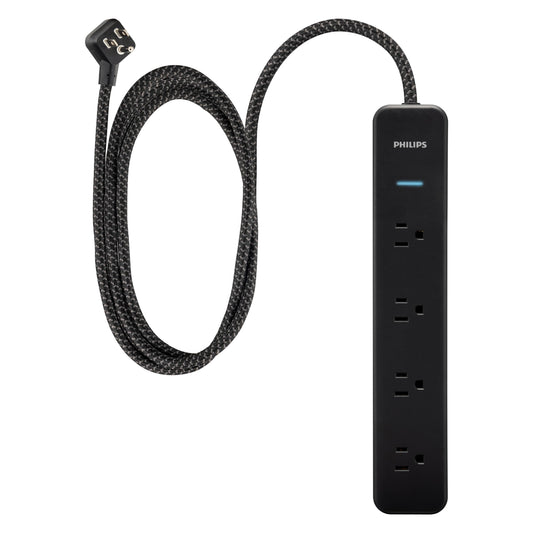 PHILIPS 4-Outlet Surge Protector Power Strip, 450J, Adapter-Spaced, 4ft Braided Cord, Outlet Extender, Extension Cord, for Home School or Office