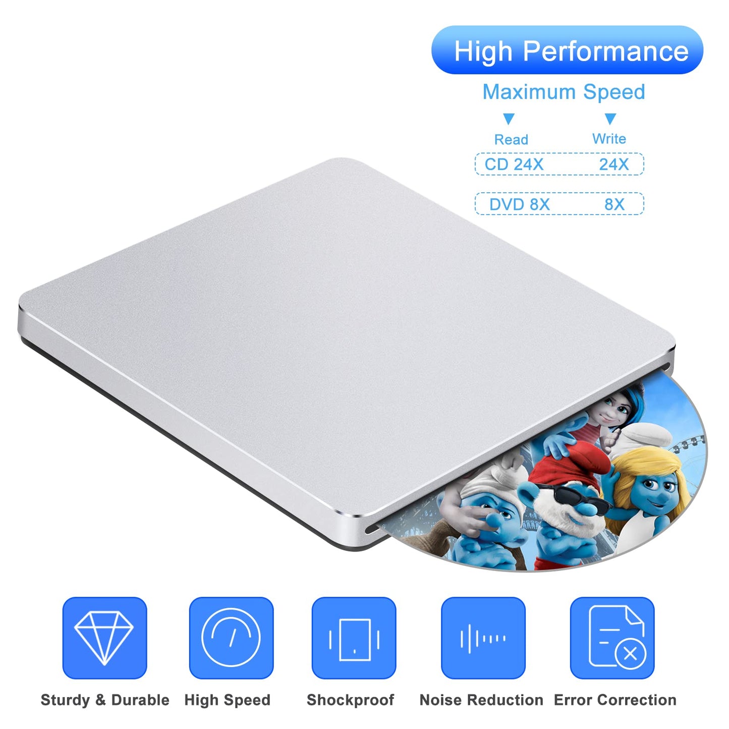Guamar External CD Drive for Mac: USB 3.0 Superdrive for Apple MacBook - Slim & Portable Slot-in DVD Burner for Laptop PC Windows with USB-C Adapter