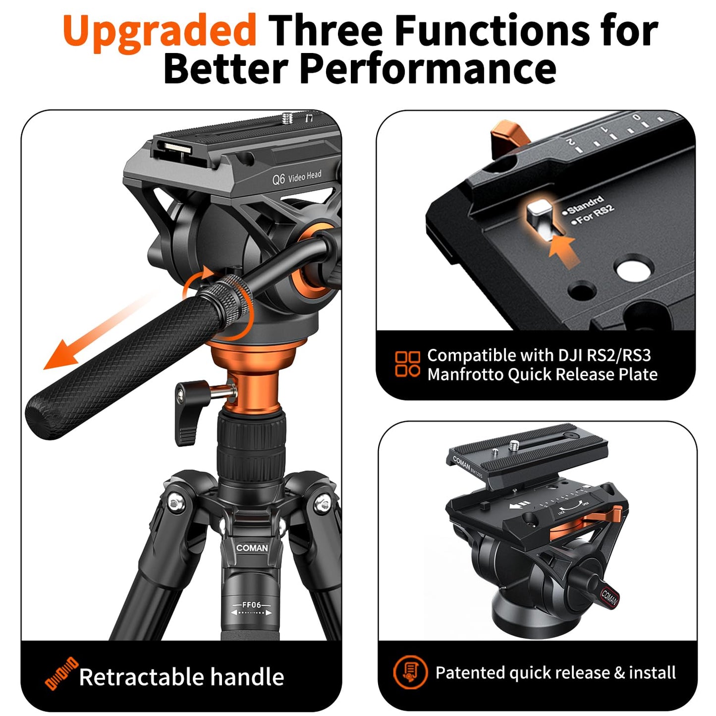 COMAN Camera Tripod with Fluid Head, Lightweight Compact Tripod for Camera with Detachable Monopod Aluminium Alloy and QR Plate for DJI Canon Nikon