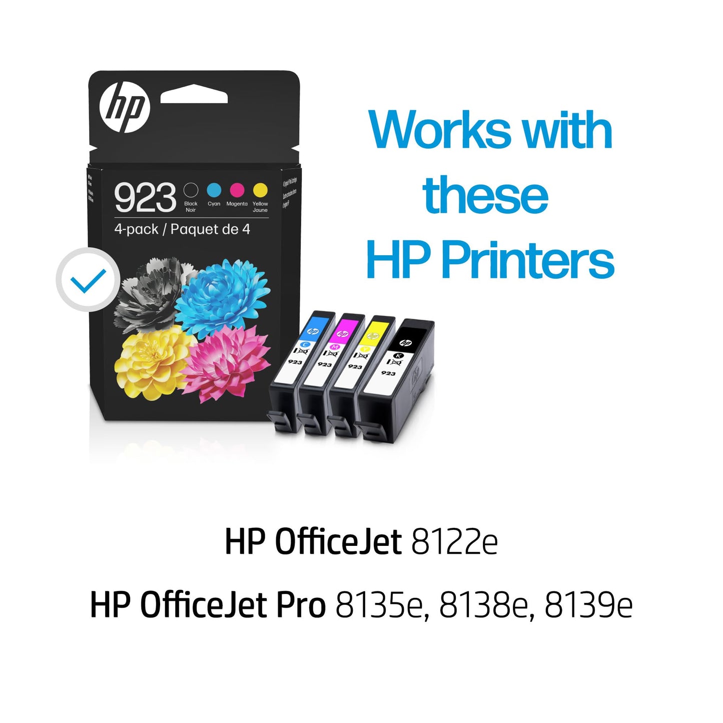 HP 923 Black, Cyan, Magenta, Yellow Ink Cartridges (4-Pack) | Works with Printer Series: OfficeJet 8120, OfficeJet Pro 8130 | Eligible for Instant Ink