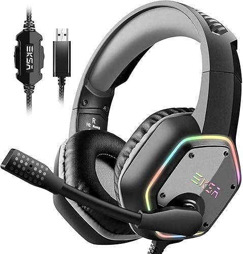 EKSA E1000 USB Gaming Headset for PC, Computer Headphones with Microphone/Mic Noise Cancelling, 7.1 Surround Sound, RGB Light - Wired Headphones