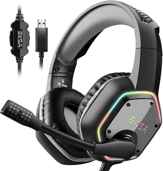EKSA E1000 USB Gaming Headset for PC, Computer Headphones with Microphone/Mic Noise Cancelling, 7.1 Surround Sound, RGB Light - Wired Headphones