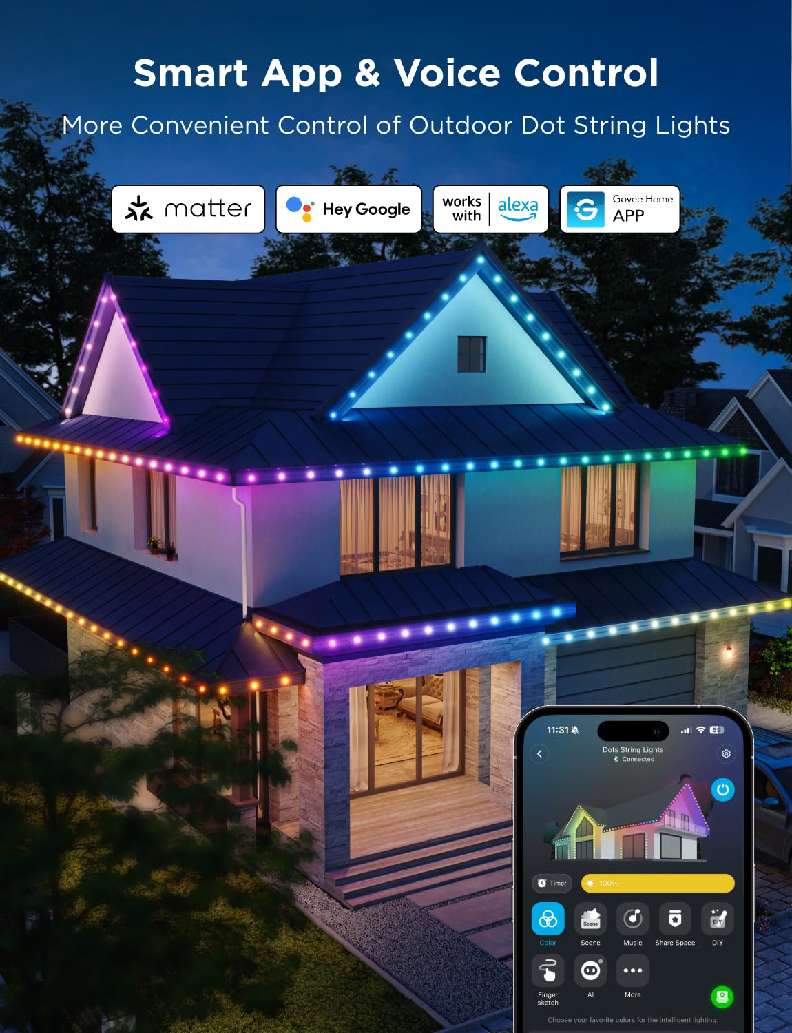 Govee Outdoor LED Strip Lights, 45 RGBIC LED Lights 100FT String Lights with 65 Scene Modes, Halloween Decoration Work with Alexa, Google, APP