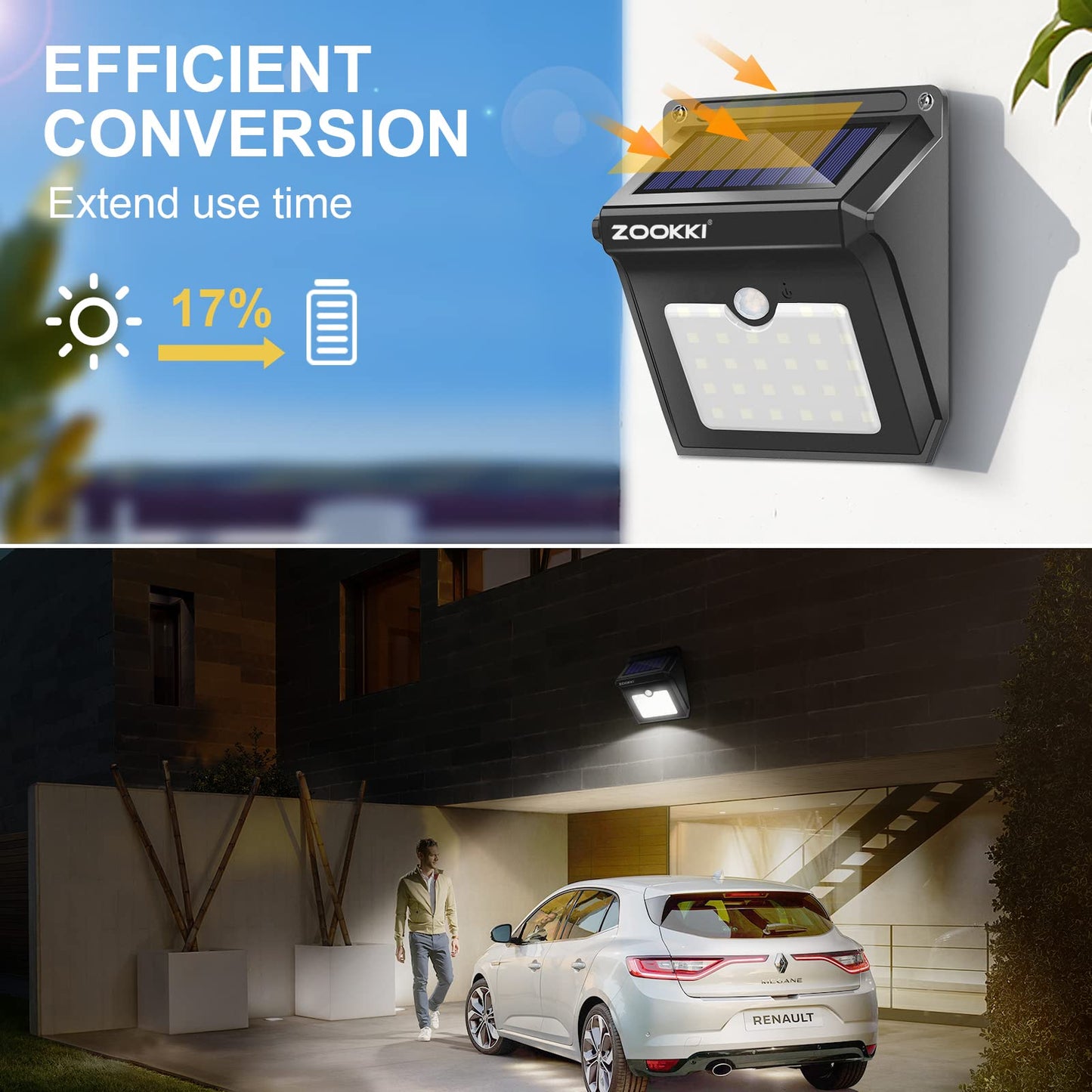 ZOOKKI Solar Outdoor Lights -120° Illumination Solar Motion Sensor Lights Outdoor - IP65 Waterproof Wireless Security Outdoor Solar Powered Lights