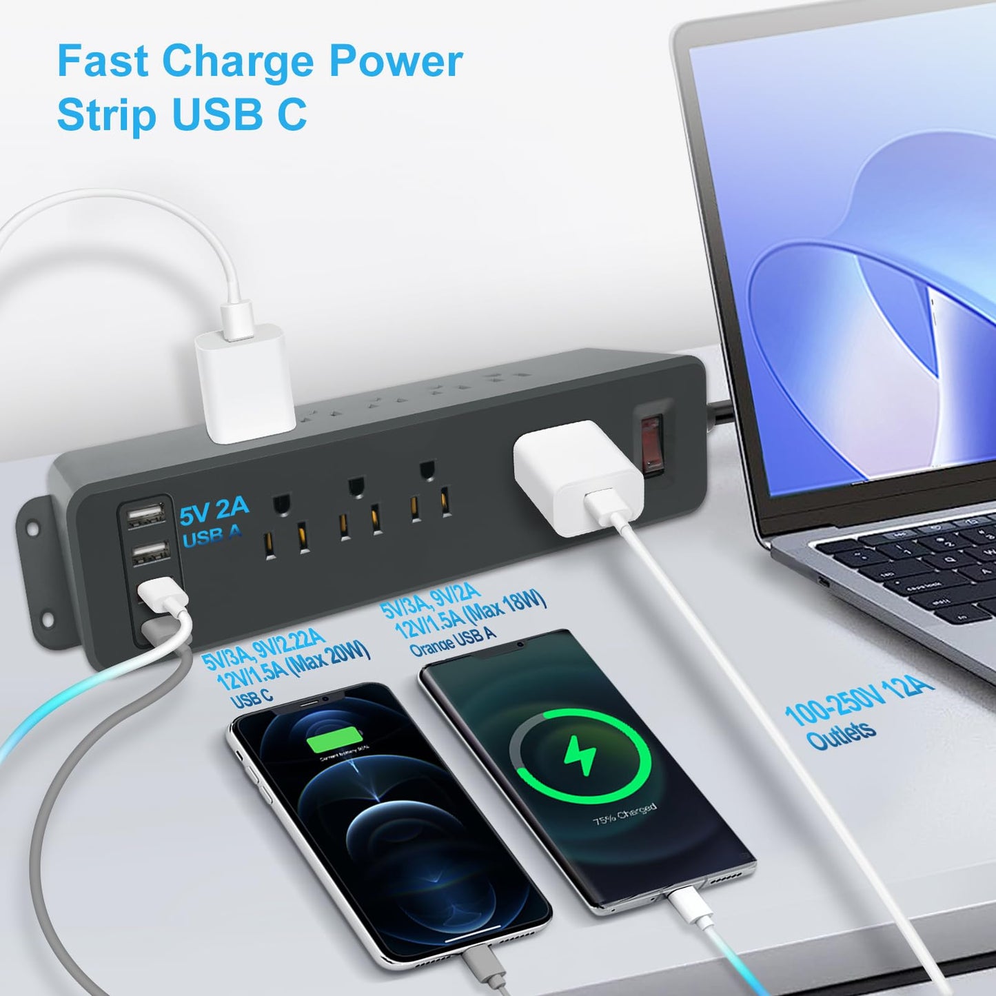 9 Outlets Wall Mount Power Strip with USB C HdcTek Double Side Outlet Extender Fast Charge USB-A Ports & 1 PD USB-C Port Flat Plug Mountable Desk