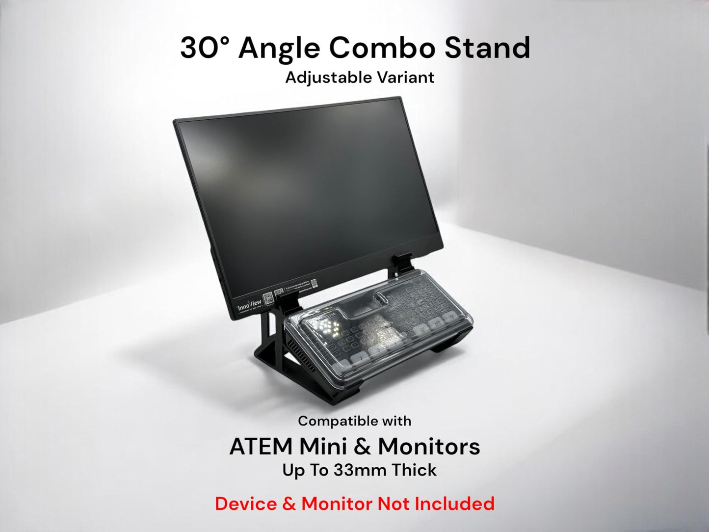 Iron Prints Stand for ATEM Mini Series + Thin Monitor (up to 33 mm) - 6 Cold Shoe Slots, 30 Degree Viewing Angle, Slip-On Design, Non-Slip Feet