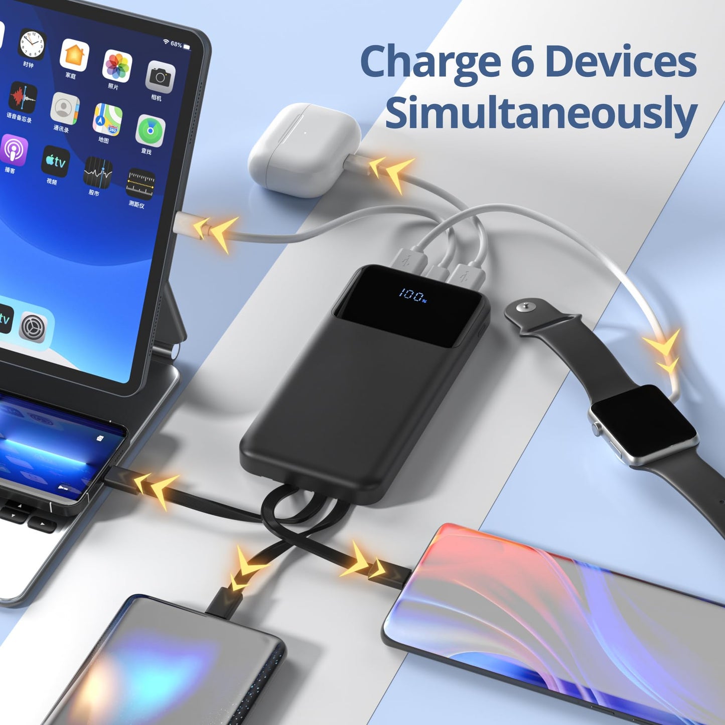ZUOGGPET Portable Charger with Built in Cables, Power Bank with Cords Wires, Slim 10000mAh Travel Battery Pack 6 Outputs 3 Inputs 3A Fast Charging