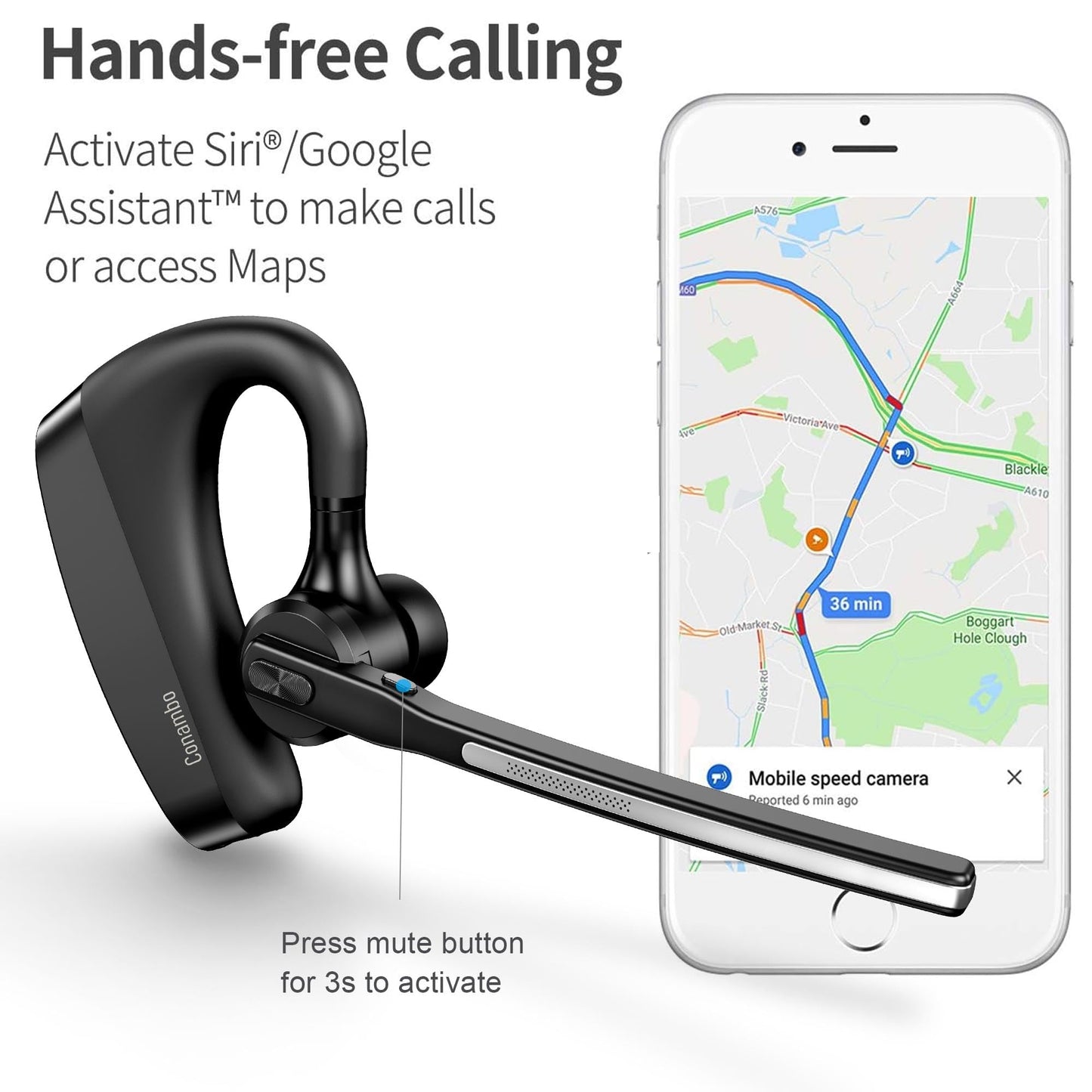 Conambo Bluetooth Headset 5.2 with CVC8.0 Dual Mic Noise Cancelling Bluetooth Earpiece 16Hrs Talktime Wireless Headset for Truck Driver iPhone Android