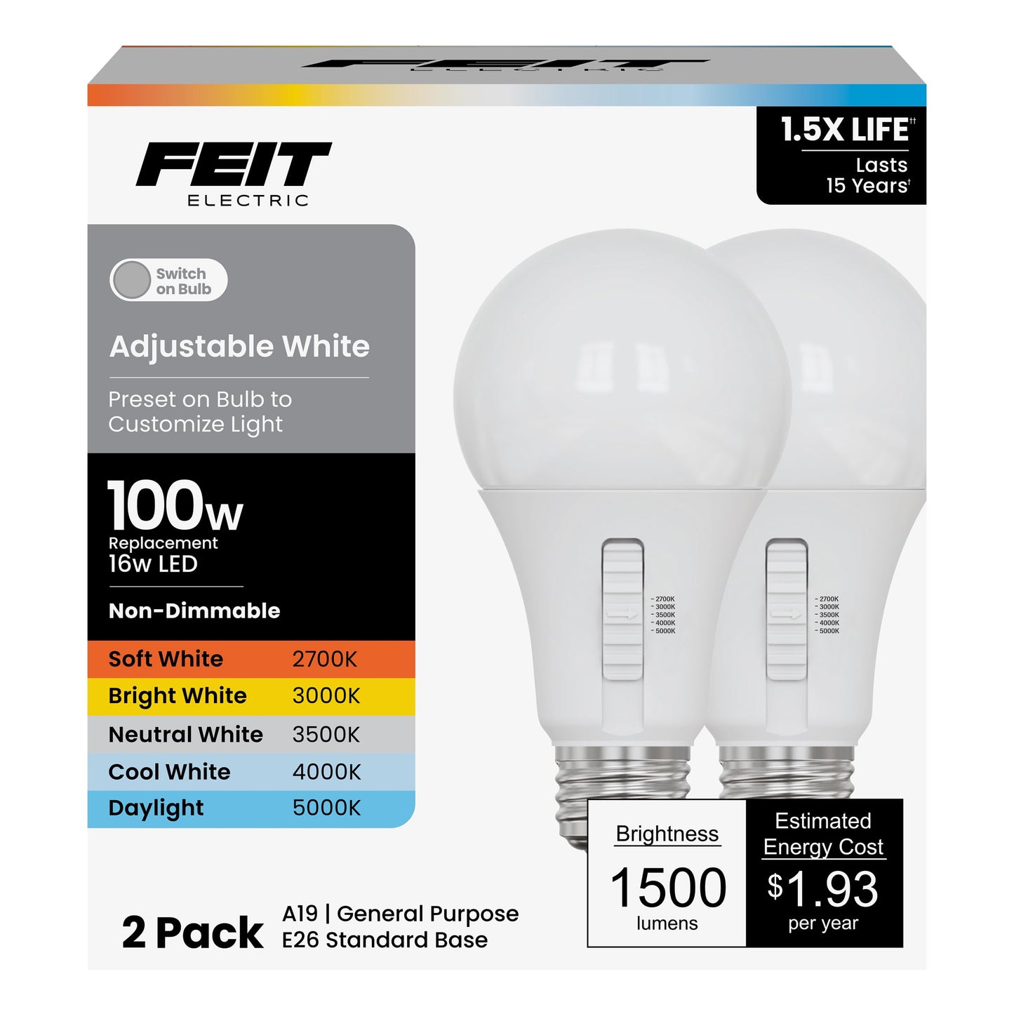 Feit Electric Adjustable White A19 LED Light Bulb, 100W Replacement, 5CCT Selectable Color Temperature 2700K-5000K, 1500 Lumens, 17,000 Hour Lifetime