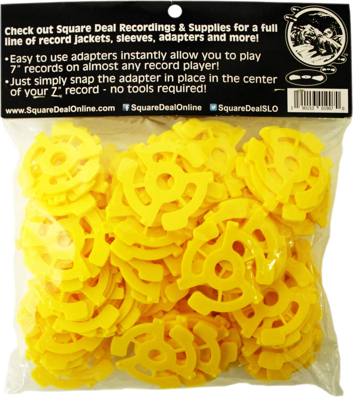 (100) Flat Plastic Record Adapters - Snap in Inserts to Make 7" 45rpm Records Fit on Standard Vinyl Record Turntables #07MR100YE (Yellow)