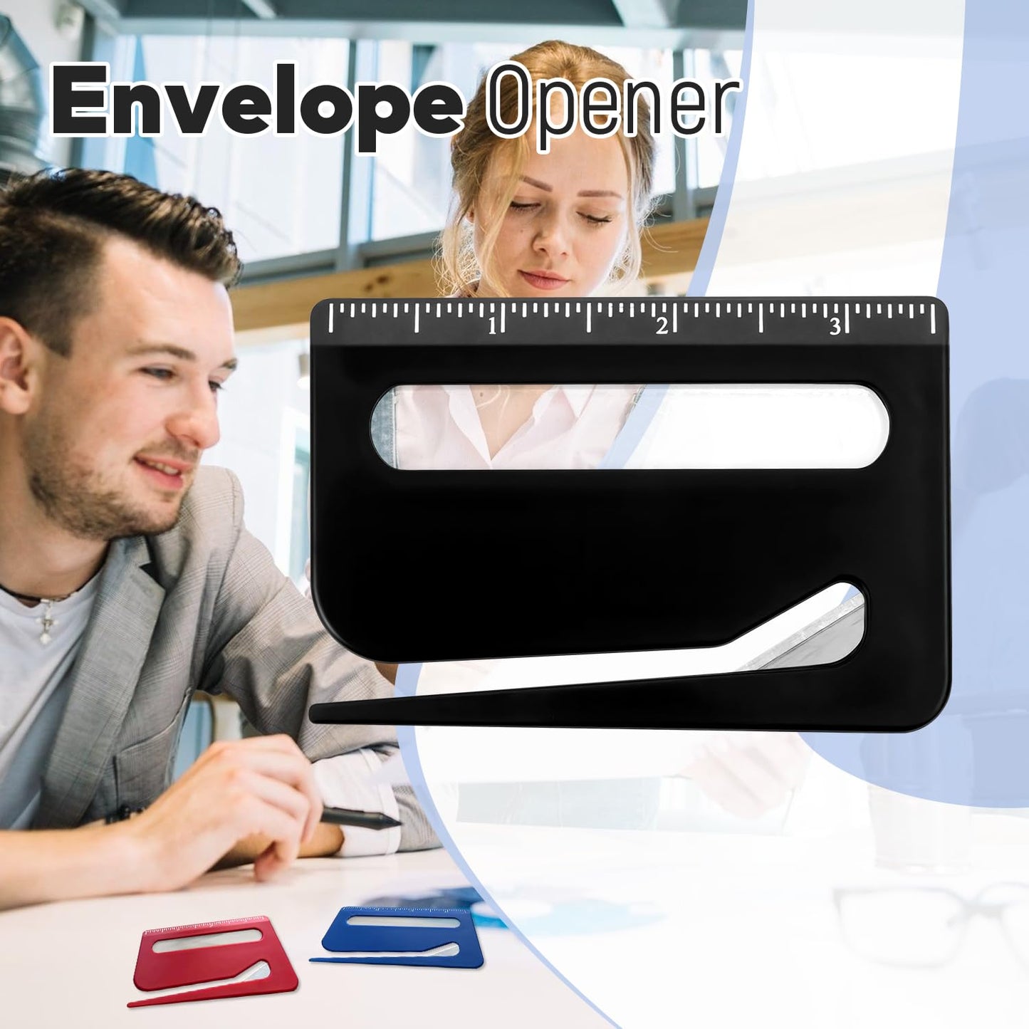 3 Pack Letter Opener Envelope Slitter, Credit Card Sized Mail Opener with Hidden Blade, Built in Ruler & Magnifier, Slim Envelope Cutter for Home