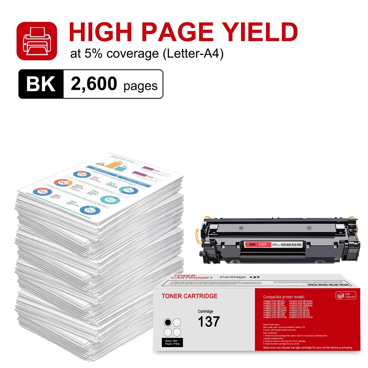 1 Pack 137 9435B001 Black Toner Cartridge: Compatible CRG 137 9435B001 Replacement for Canon imageCLASS MF212w MF216n MF229dw MF232w MF236n MF247dw